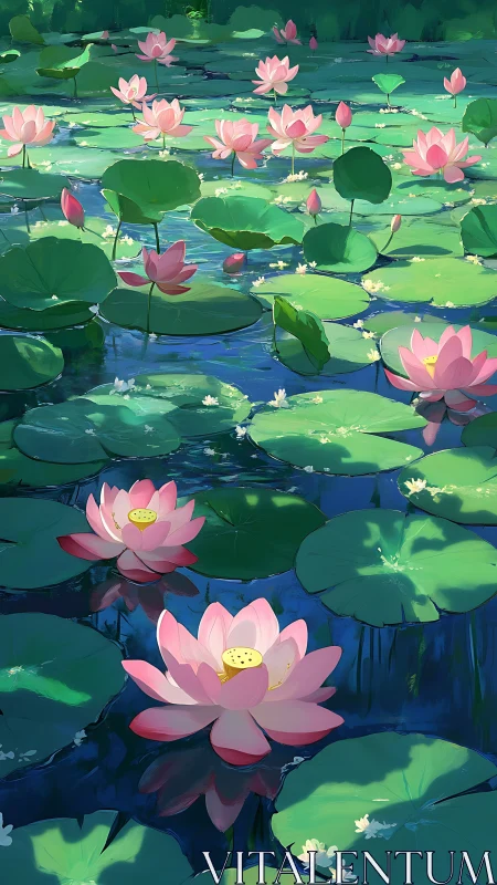 Sunlit digital lotus pond renders layered aquatic depth
