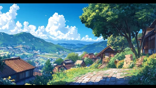 Sunlit hillside village dreaming above emerald valley skies.