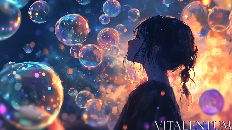Silhouetted girl amid iridescent volumetric bubble field.