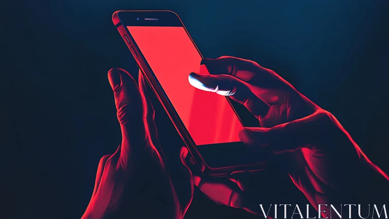 Glowing red smartphone screen illuminates hands in darkness.
