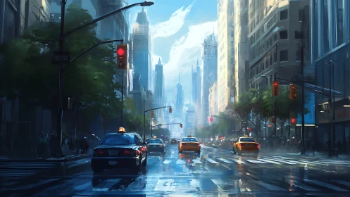 Rain-kissed city canyon hums under amber taxi halos