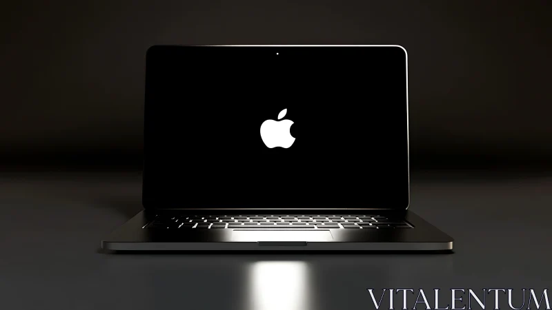 Sleek open laptop with luminous logo on dark reflective desk.