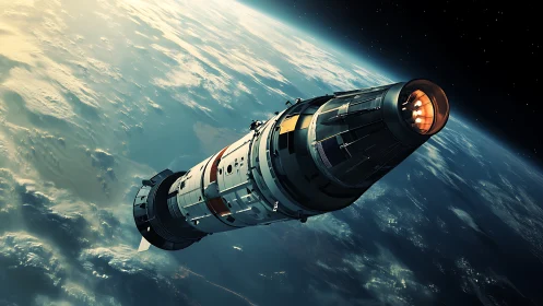 3D orbital rocket render with dynamic perspective lighting design.