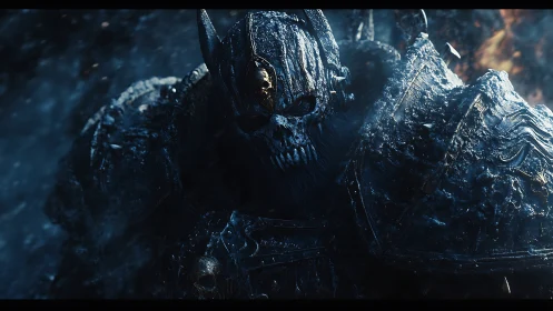Cinematic undead warlord in frostbound armor, low-key lighting.