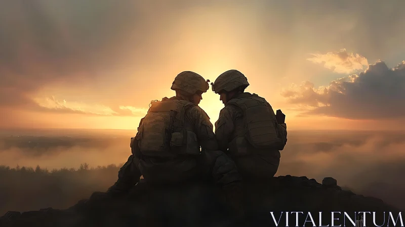 Silhouetted Soldiers Against Golden Sky at Dusk.