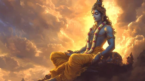 Luminous celestial figure in meditative pose amid radiant clouds.