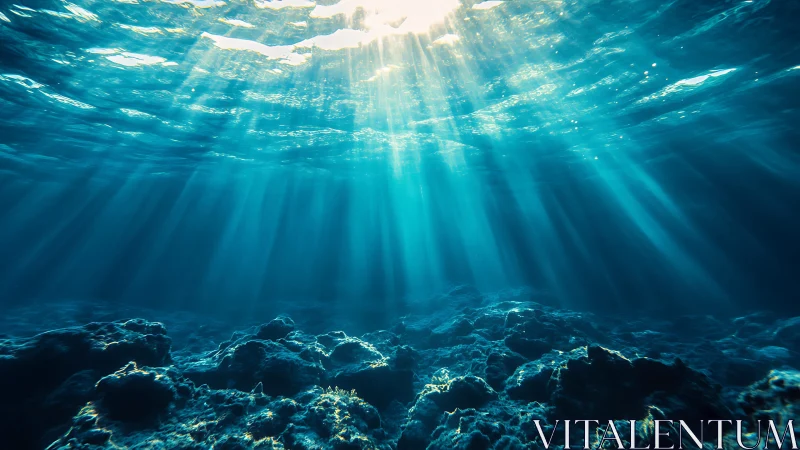 Sunlit ocean floor with dramatic blue volumetric rays.