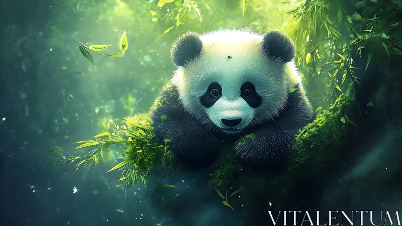Young panda in lush green forest with soft glowing light.