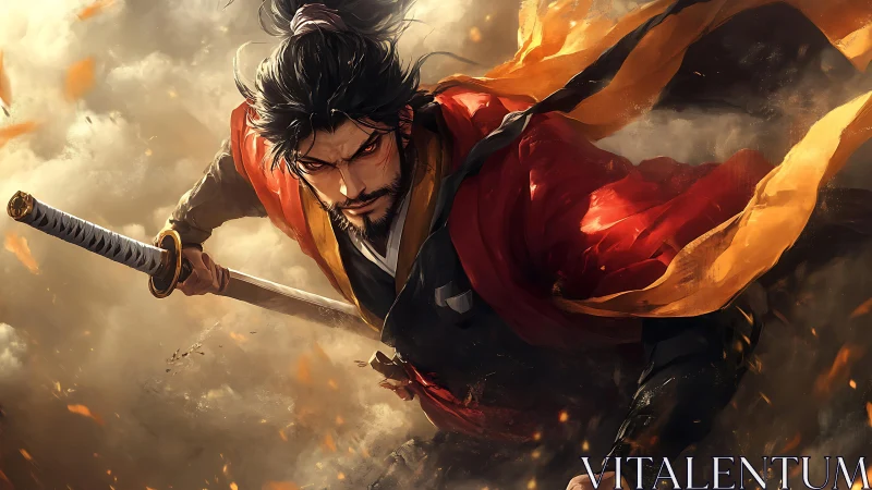 Samurai warrior with drawn katana in swirling dust cloud.