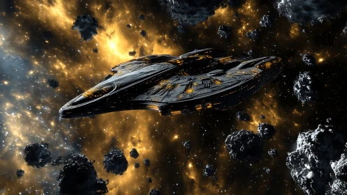 Massive starship glides through dense asteroid field in space