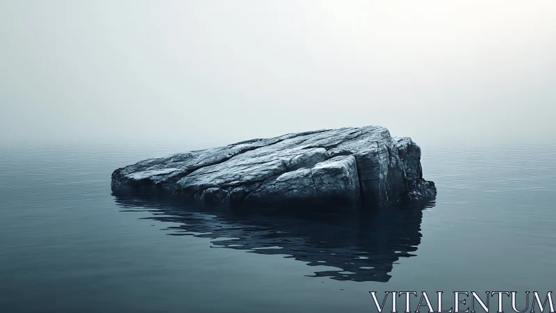 Isolated rock formation in calm misty open water.