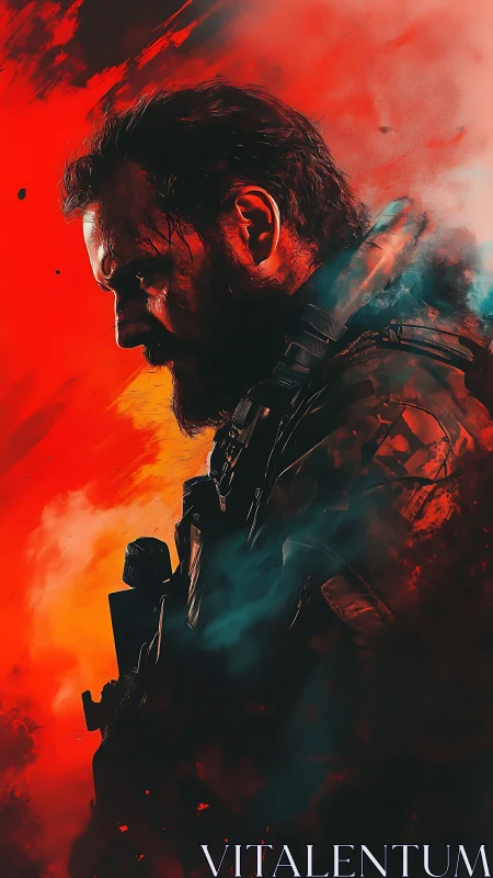 Battle-worn soldier broods in fiery, smoke-filled abstraction