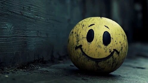Weathered yellow smiley ball on dark concrete ground.