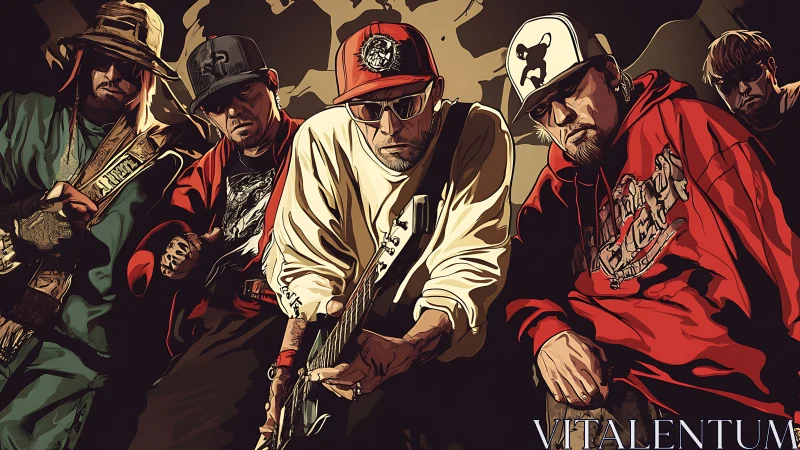 Low-angle stylized hip-hop band portrait with vector cell-shaded shading