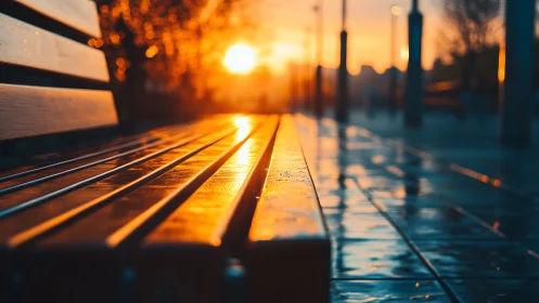 Sunlit bench lines melting into a glowing urban sunrise.
