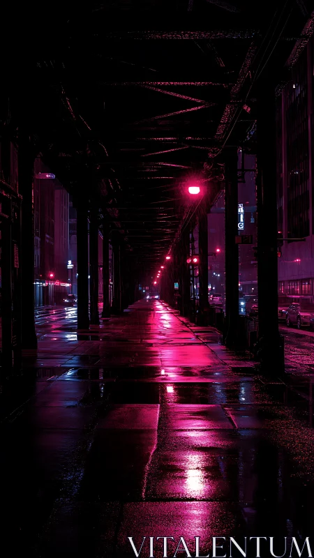 Neon-lit elevated tracks cast reflections on wet city street