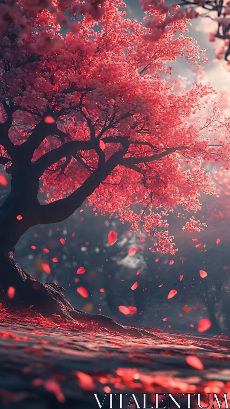 Dreamlike cherry blossom tree scatters glowing petals softly.