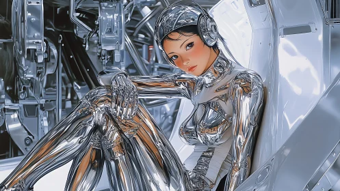Chromed gynoid in reflective mech-bay with specular highlights.