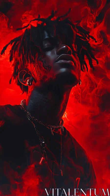 Smoke-crowned dreamer rises through neon crimson haze