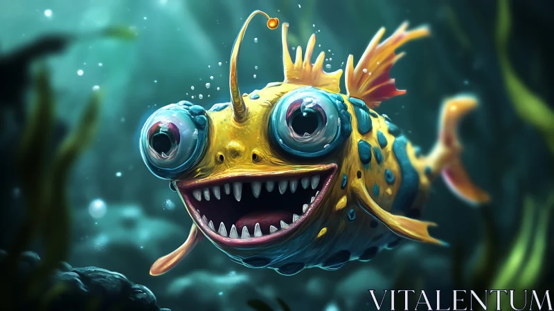 Cartoonish deep-sea anglerfish with exaggerated features.