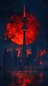 Cyberpunk Toronto skyline under apocalyptic basketball moon.