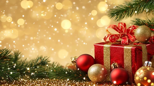 Red gift box with baubles on golden Christmas background.