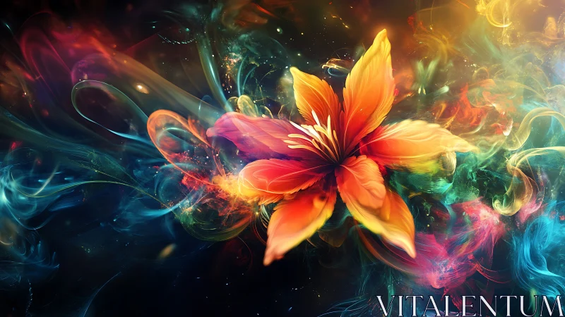 Radiant cosmic flower glowing in swirling rainbow light.