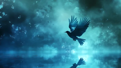 Bioluminescent teal bird in misted night sky above water