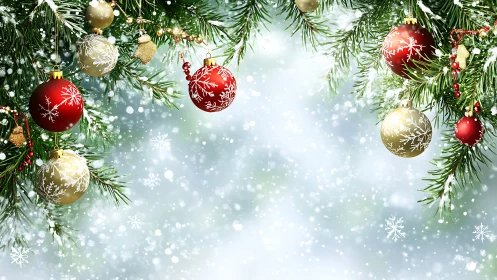 Fir branches with red and gold baubles in falling snow.