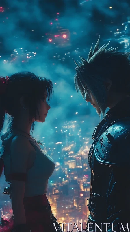 Star-crossed warriors meet above a neon-drenched cityscape.
