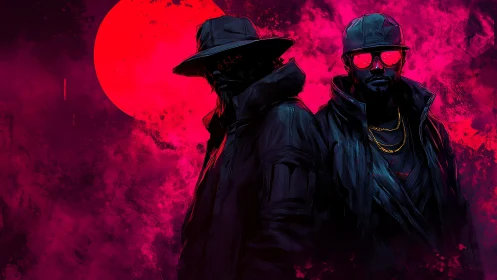 Neon night guardians under a burning red moon.