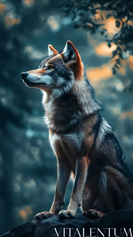 Canid stands on rock in vertically framed forest scene