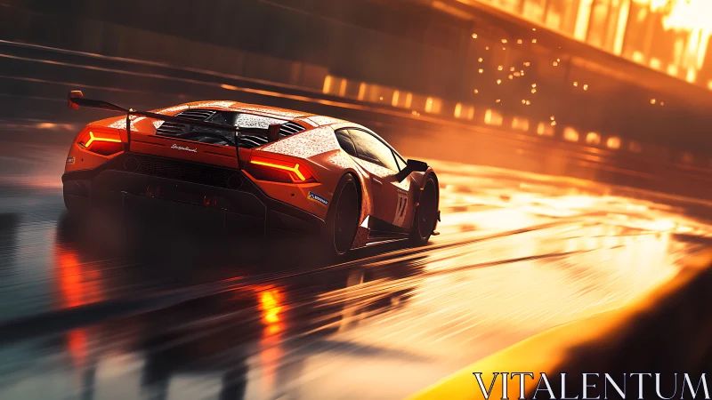 Orange GT race car on wet circuit at sunset, rear motion view