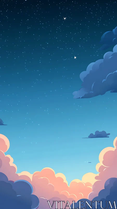 Twilight sky over pastel clouds with scattered starlight.