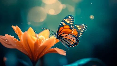 Macro luminance study of monarch butterfly on dewy blossom.