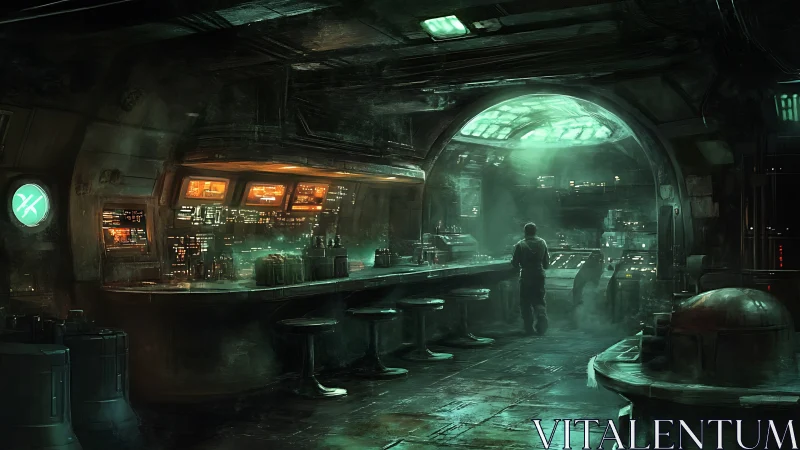 Lonely figure stands in dim cyberpunk bar under green light