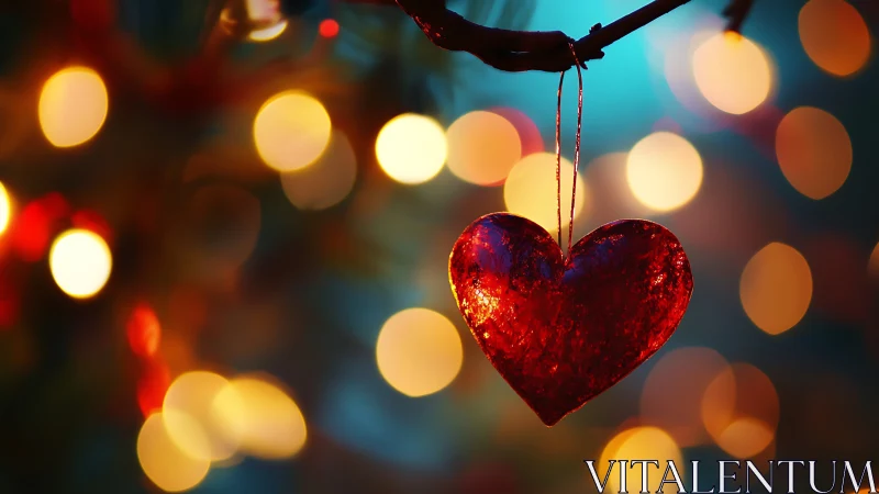 Crimson glass heart swaying in dreamy holiday glow.