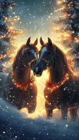 Twin bay horses in snowlit forest with warm rim lighting