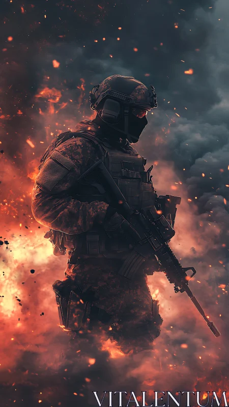 Photorealistic tactical soldier in incendiary battlefield haze.