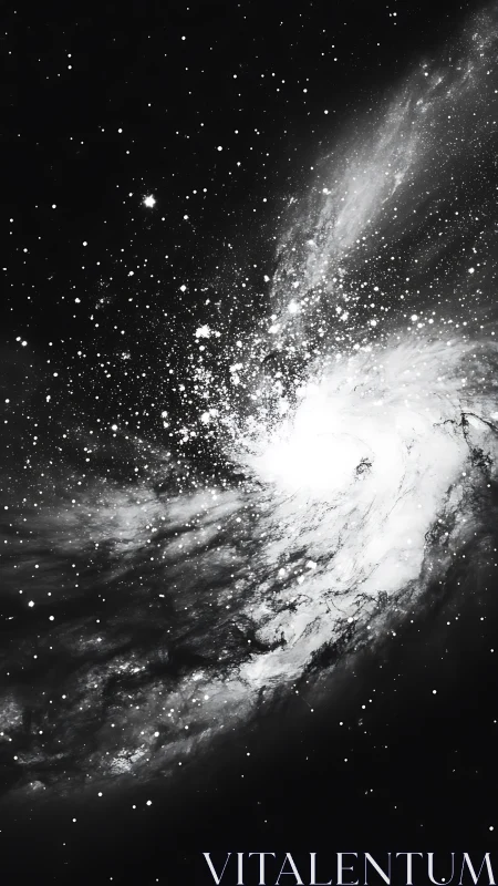 High-contrast galactic core explosion in monochrome space field.