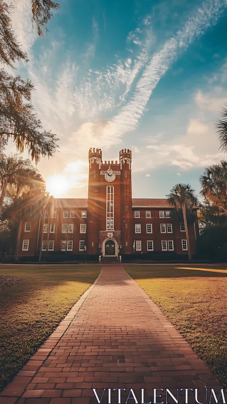 Golden sunset welcomes a historic brick campus hall warmly