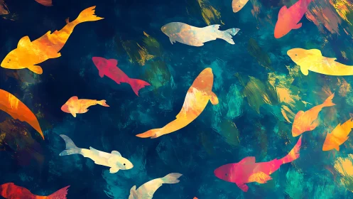 Colorful koi fish silhouettes drifting in abstract water.