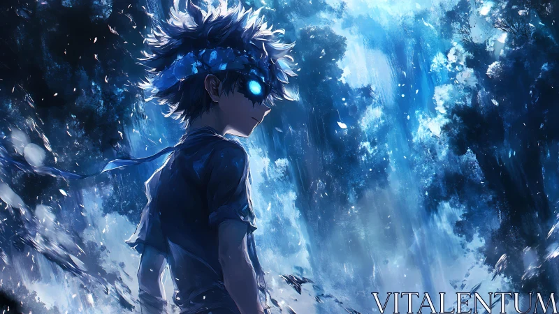 Blue lit anime boy stands in glowing forest environment