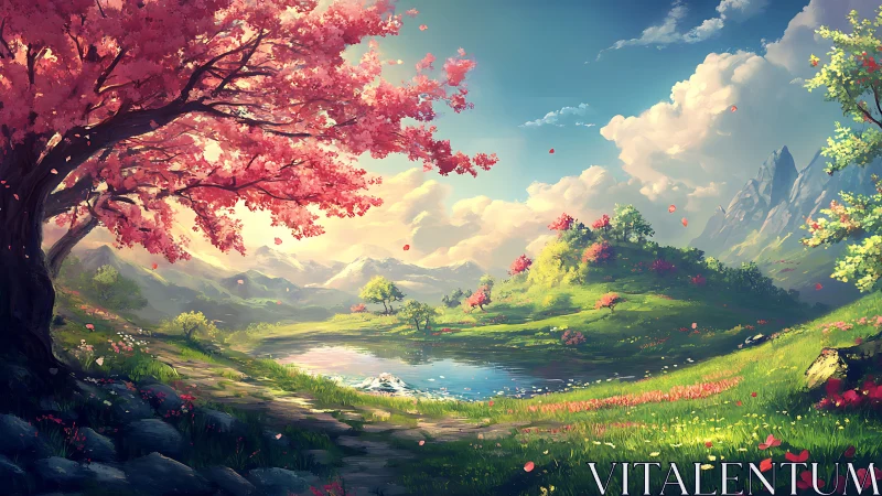 Blossom-laden valley pauses while light kisses the quiet lake