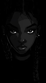 Intense braided portrait emerges from deep black shadows.