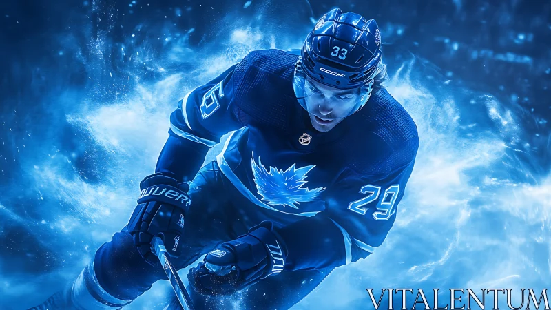 Ice hockey player skates forward through glowing blue mist