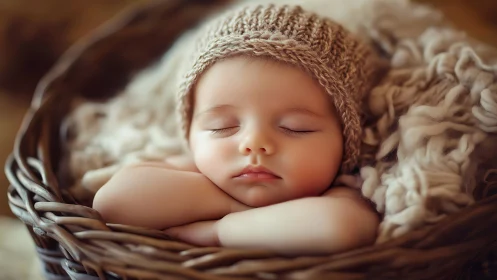 Sleeping newborn in knit hat rests on woven basket.