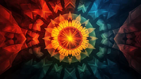 Radiant kaleidoscope sunburst in glowing rainbow petals.