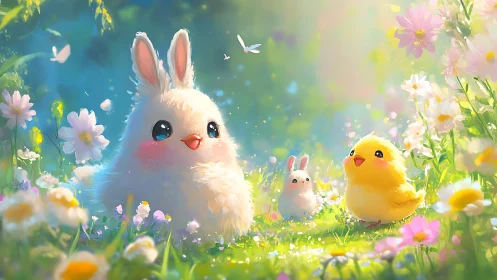 Soft-lit chibi rabbits and chick rendered in luminous floral meadow