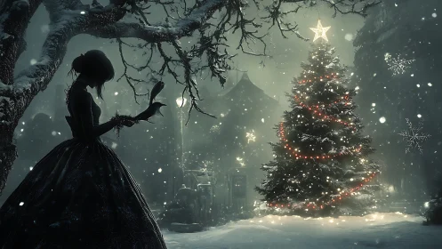 Gothic winter silhouette observes illuminated Christmas tree at dusk